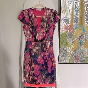 Multi color T Tahari satin stretch partial peplum dress